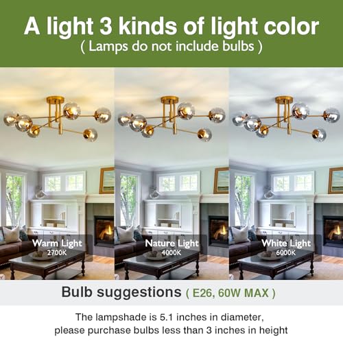 Image of 6-Lights Glass Globe Chandelier Modern Flush Mount Ceiling Light Fixture Gold Farmhouse Lighting for Dining Room Living Room Bedroom Kitchen Passageway.