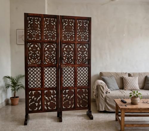 Image of Wooden Room Partition Screen Divider with Stand for Living Room and Bedroom (Brown) | Folding Sheesham Wood Room Separator Wall for Office and Salon
