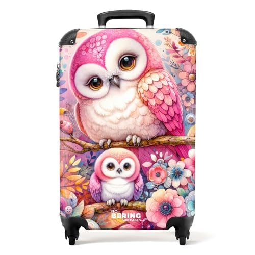 NoBoringSuitcases.com Valise Enfant Cabine à Roulettes 55x35x25cm Rose Motif Hiboux et Fleurs