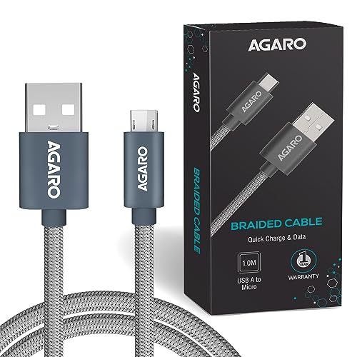 Image of AGARO Micro Usb Charging & Data Tough Nylon Braided Cable For Android Smartphones 1.0 Meters, Grey, 1M