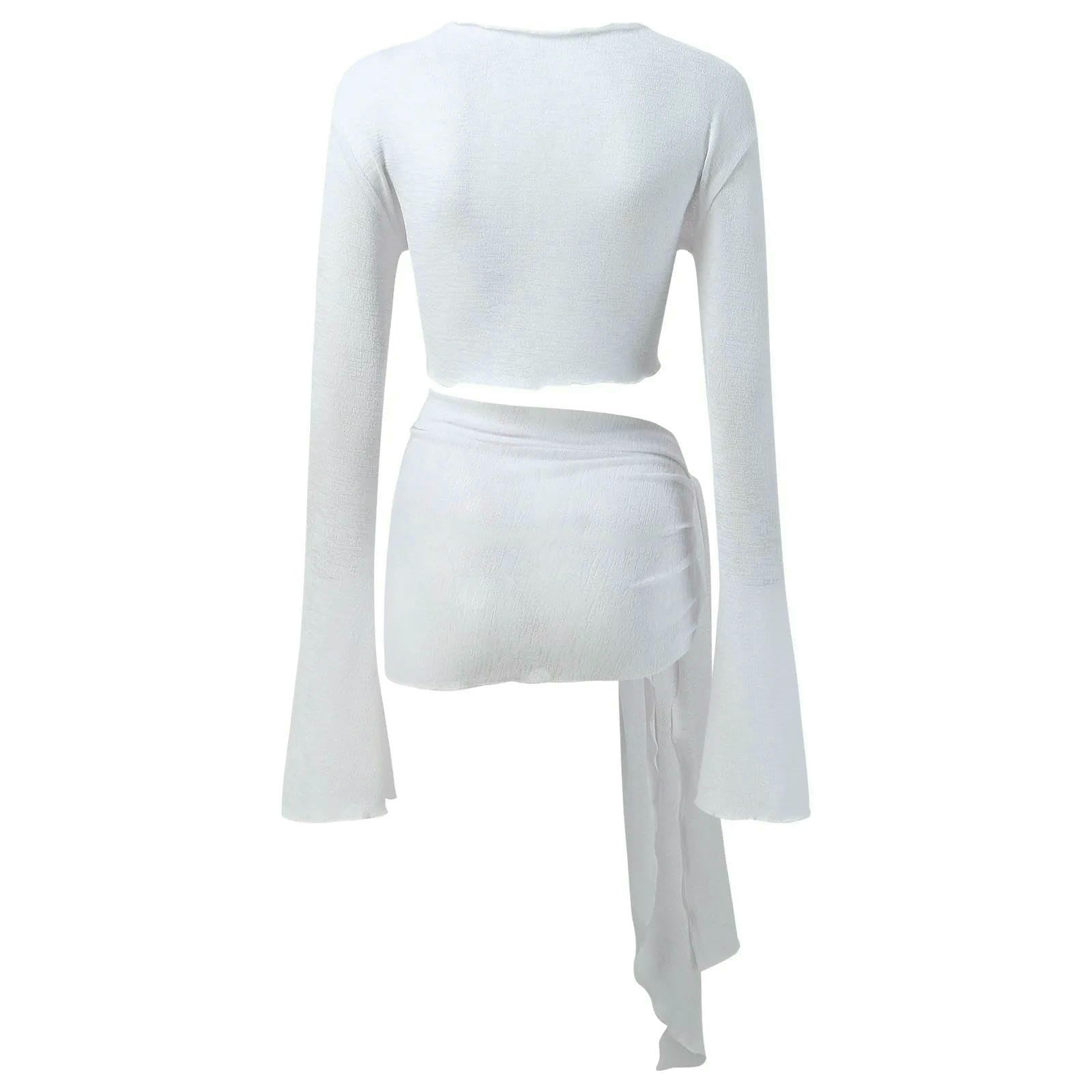 Sukienka plażowa Bikini Cover Up kobiety długie rękawy Sheer Mesh 2 sztuki kostium kąpielowy plaża okrycie sukienka krawat węzeł bandaż crop top zielony-m