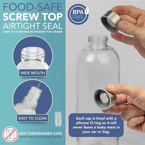 HEFTMAN Glass Water Bottle 1 Litre - 3 Pack Empty Glass Bottles with Lids - Water, Smoothies, Glass Juice Bottles with Airtight, Leakproof, Stainless Steel Lids & Cleaning Brush for Work, Gym, Home - 4