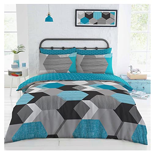 Lions 4 Piece Complete Bedding Sets - Blue Geometric Shapes Double Duvet Cover Set 200x200cm With 1x Fitted Sheet and Matching 2x Pillowcase, Soft Poly Cotton Bed Linen, Reversible Quilt Covers