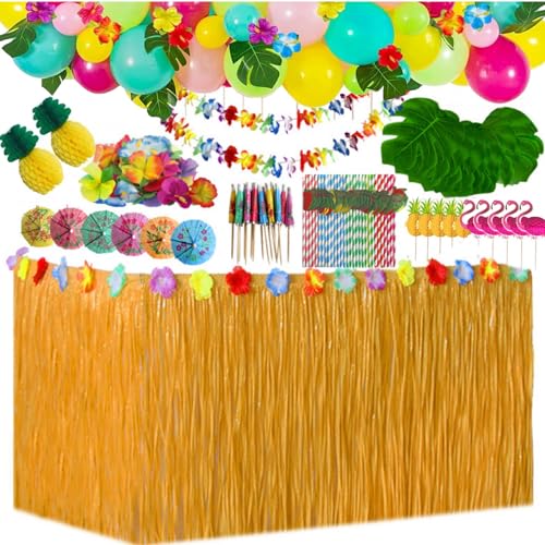 94Pezzi Gonna Tavolo Hawaiana Set, Hawaiana Decorazioni per Feste Kit Palloncini, Tropical Hawaii Party Gonna Tavolo Hawaiano, Foglie di Palma, Ananas Fenicotteri per Hawaiane Luau Aloha Party