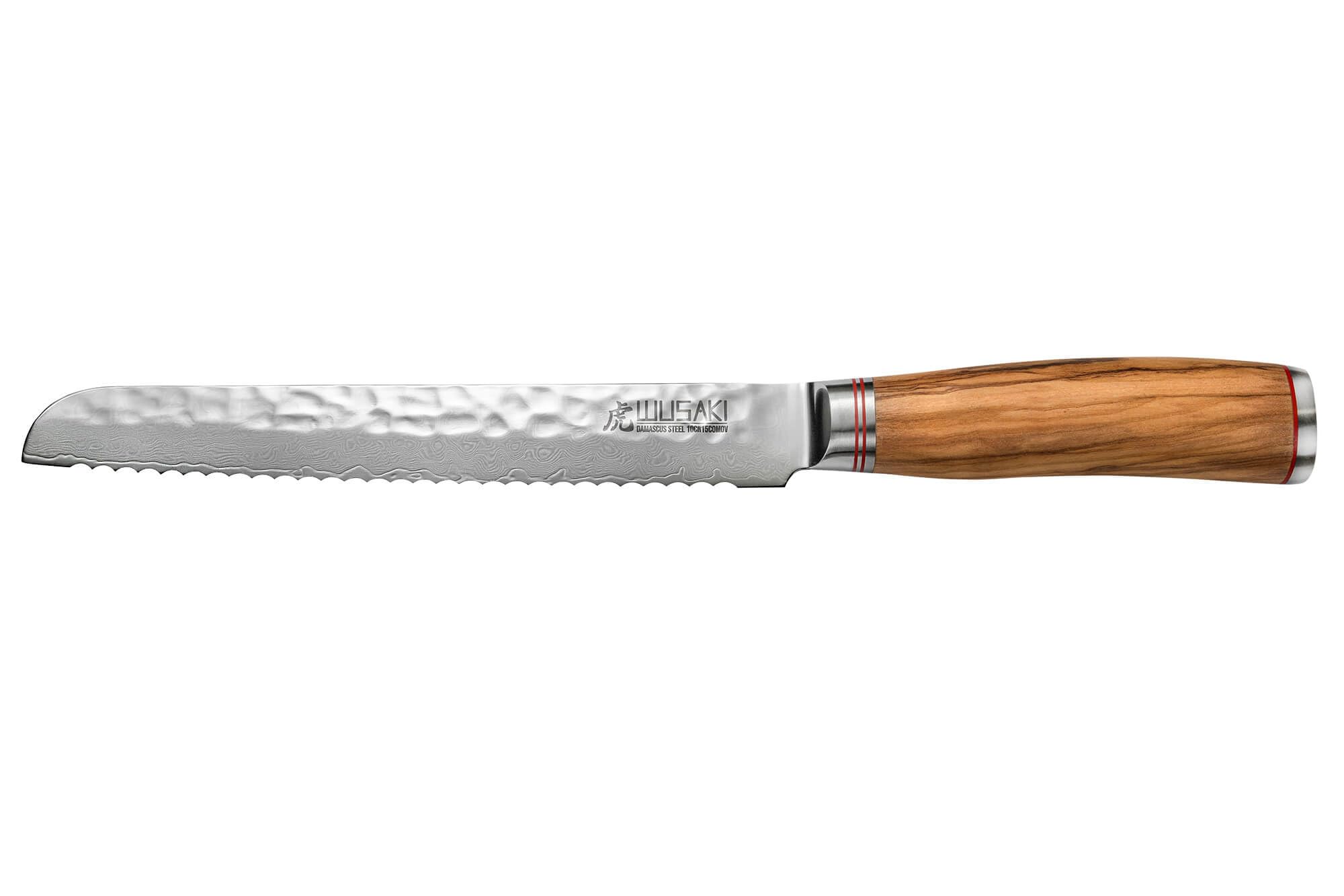 Wusaki - Japoński designerski nóż do chleba ostrze damasceńskie 20 cm ze stali 10Cr uchwyt z drewna oliwkowego - sprzedawany w pudełku prezentowym