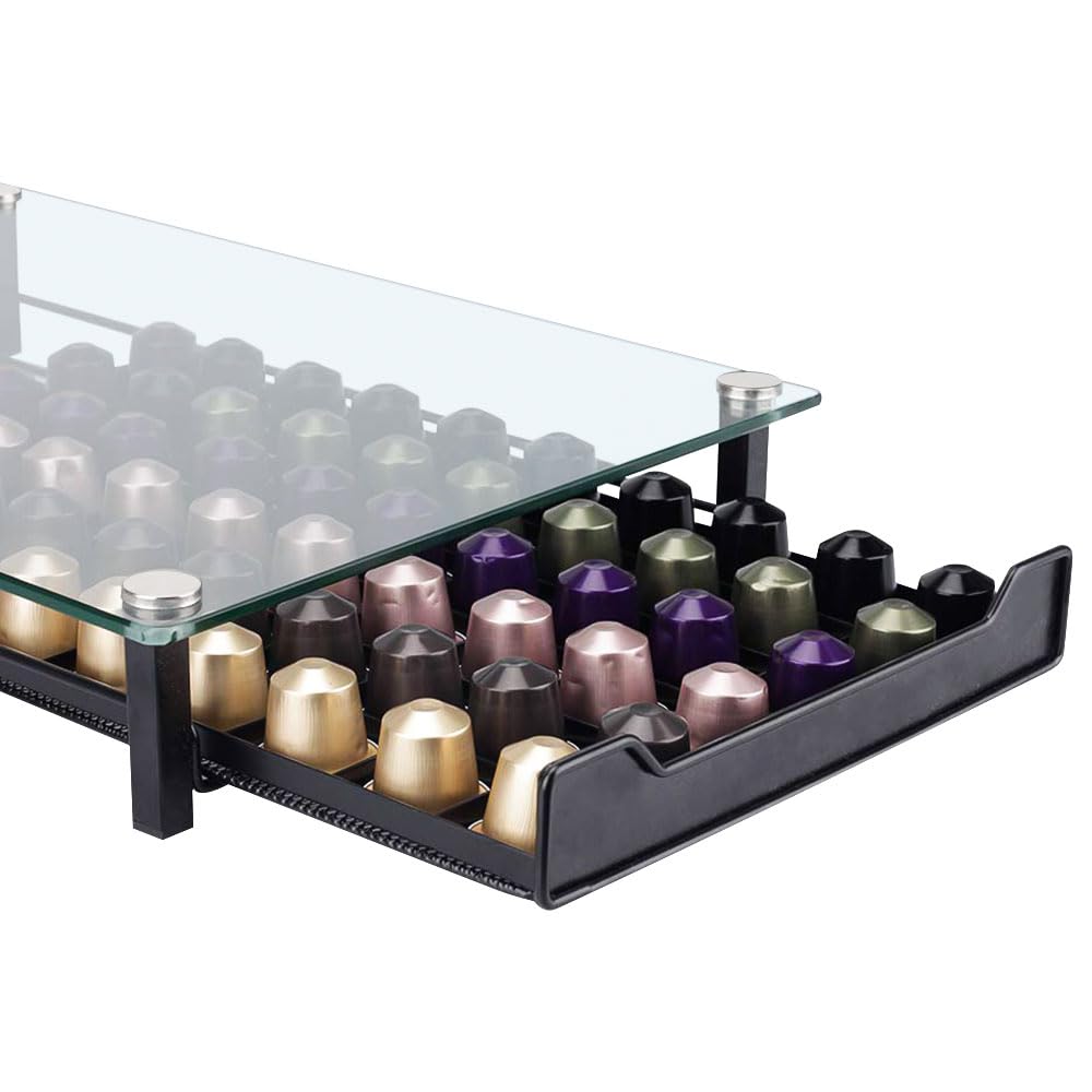 Scatola per 60capsule di caffè Nespresso, cassettiera in metallo e vetro, porta capsule, dispenser per capsule circa-41 * 29 * 7 CM (60 pezzi)