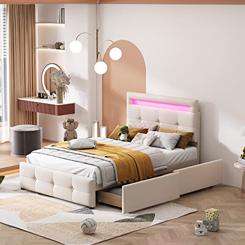 Merax Letto imbottito 90 x 200 cm con luce LED e 2 cassetti, letto singolo con rete a doghe e testiera regolabile in altezza, imbottitura in lino delicata sulla pelle, letto per ragazzi, colore beige,