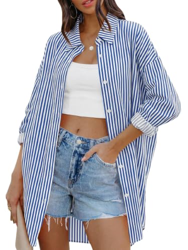 Image of FSHAOES Womens Oversized Button Down Shirts Casual Loose Long Sleeve Solid Lapel Long Blouses Tops with Pockets