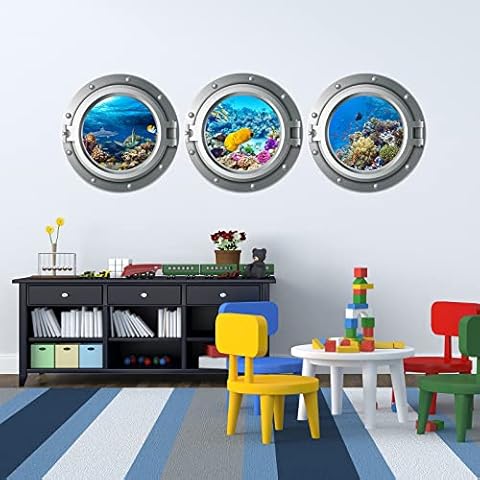 3pcs Undersea Various Tropical Fish Corals Decorative Wall Decals Stickers 3D Porthole Decoration Wall Sticker Removable Vinyl Peel and Stick Porthole Sea Life Art Sticker Cover