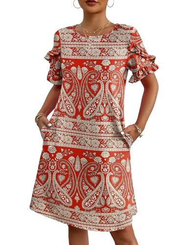 Image of HOTOUCH Womens Summer Dress 2025 Short Sleeve A-Line Mini Dress Casual Crew Neck Shift Dress Beach Sundress with Pockets