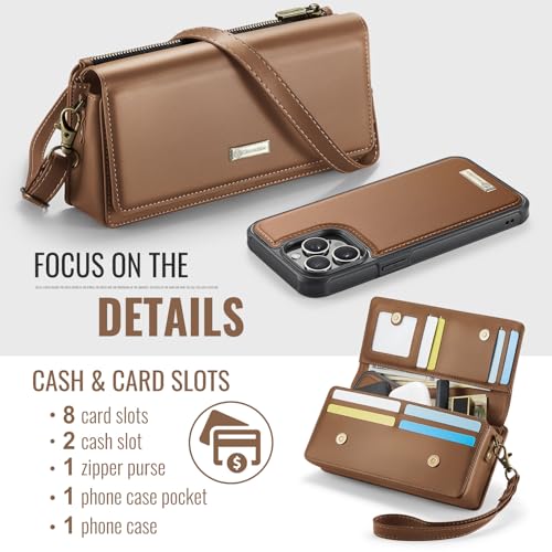 CaseMe 2-in-1 Detachable for iPhone 14 Pro Crossbody Wallet Case with RFID Blocking 10-Card Holder for Woman, PU Leather Wrist Strap Zipper Purse Wallet Phone Case for iPhone 14 Pro 6.1", Brown by CaseMe - Image 3