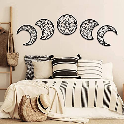 Witchy Decor Wall Hanging,Moon Phase Wall Art,Wooden Wall Art for Bedroom Above Bed (5 Pieces) Boho Wall Decor for Bedroom Home Apartment Bar Living Room Wall Hanging (Black)