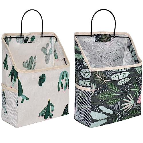 Mikihat 2 Piezas Bolsa de Almacenamiento para Colgar en la Pared, Bolsillo de Pared de Lino de Algodón con Gancho, Patrón de Cactus y Plantas Organizador de Pared Colgante