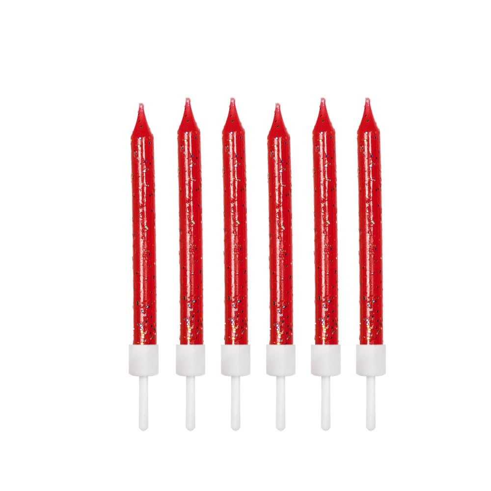 Anniversary House Pack of 12 Red Glitter Birthday Candles with Holders, 7.5cm, Celebration Cake Decoration, Birthday Candles for Cakes, Candles for Cake, AHC152 [Energy Class A]