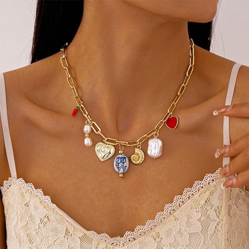 Gold Charm Necklace for Women Summer Charm Necklace Trendy Heart Pearl Flower Conch Pepper Pendant Necklace Paper Clip Choker Necklace Beach Jewelry Gifts3