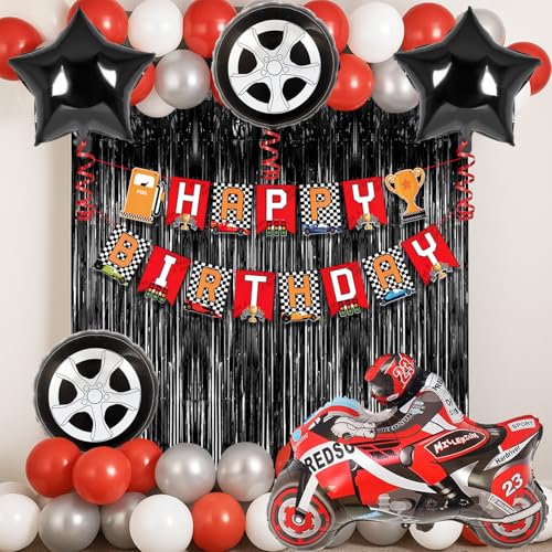 Image of Rozi Decoration Race Bike Theme Birthday Decoration Kit with Happy Birthday Banner, Foil Curtain, Bike & Wheel Foil Balloons and Red White Silver Latex Balloons for Kids Birthday Party (Pack of 32)