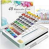 Watercolor Paint Set, Watercolour Paint Box with 48 Colors Pigment(12 Metallic Colors Pigment), 3 Pens, Eraser, Sponge, 10 Water Color Paper for Artists, Professionals, Painting, Beginner Painters