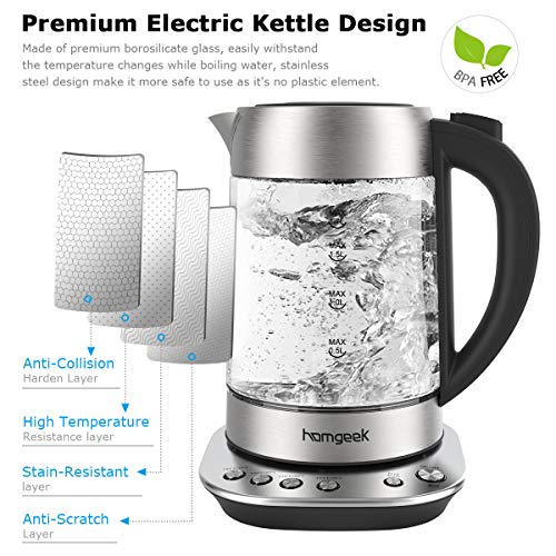Electric Kettle, Homgeek Electric Kettle Glass with Variable Temperature Control, Auto Shut-Off & Boil-Dry Protect Function, Keep-Warm Design, 1.7L, BPA Free - Thumbnail 3