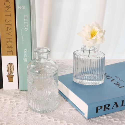 Image of TIED RIBBONS Glass Bud Vases for Flowers - Pack of 5 Clear Antique Glass Centrepiece for Mini Flowers- Antique Collections for Floral Arrangements Home Decorations Item for Home Decor