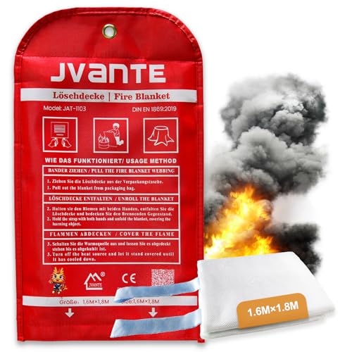 JVANTE Feuerlöschdecke Löschdecke für küche1,6x1,8m DIN EN 1869:2019 – Hochwertige Sicherheits-Fiberglas-Decke für Fettbrände, Auto, Küche, Schule, Kamin, Grill, Büro, Garage & Werkstatt