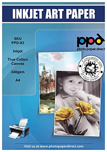 PPD A4 x 50 Blatt Inkjet bedruckbares 340 g/m2 Canvas Fotopapier Weiß Matt - Edle Optik durch 100% Baumwoll-Basis und geeignet für alle Tintenstrahldrucker PPD083-50