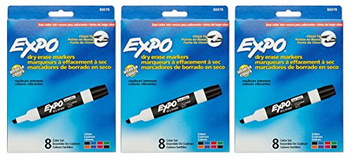 Expo 80078 Low Odor Dry Erase Markers, Chisel Tip, Assorted Colors, 3 Sets with 8 Markers, Total of 24 Markers