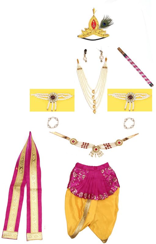 Dress for Kids with Costume Kits Mukut Mor Pankh Kundal Flute| Shri Krishna dress for Baby Boy and Girl | Janmashtami Kanha Costume| 3, 6 months 1 2 3 4 5 6 7 8 Year