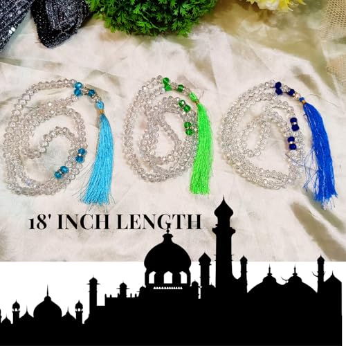 Image of Islamic Prayer Crystal Beads Tasbeeh with Silk Tassel, Skyblue Green Nevy Blue Color For Dhikar Best Gift of Hajj Umrah, Ramadan as Sadqa-e-Jariya Set of 3