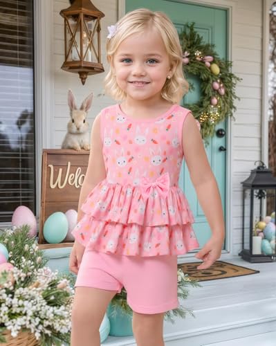 Image of Girls 2 Piece Outfit Summer Short Set Sleeveless Bow Knot Tank Top and Shorts Cute Clothes for Toddler Girls