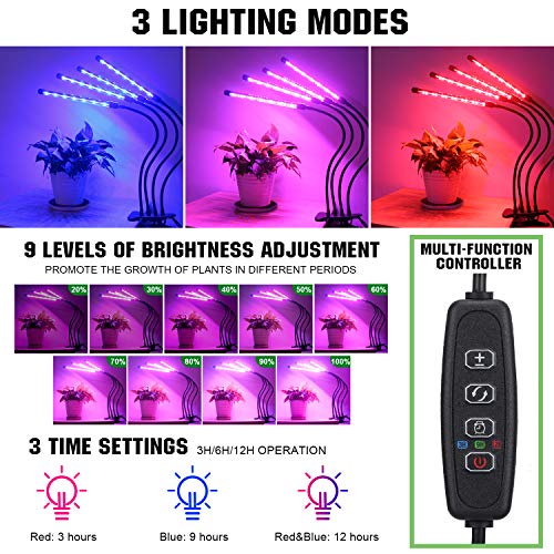 PCCOOLER Grow Light, 4 Heads Timing & 80 LEDs & 9 Dimmable Settings, Horizontal Plant Growth Lamp for Indoor Plants with Red/Blue Spectrum, Adjustable Gooseneck, 3/9/12H Timer, 3 Switch Modes