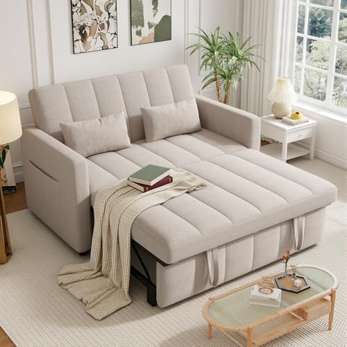 Image of Nebuaegis Sleeper Sofa Bed,3-in-1 Convertible Pull Out Couch with Adjustable Backrest for Living Room,Loveseat Sofa Bed with Side Pockets,Easy Assembly,Beige,1 PCS