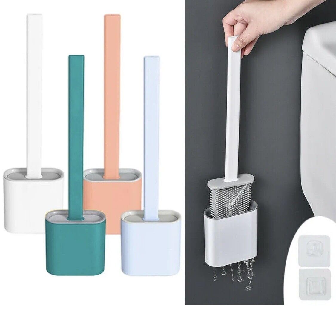 Toilet Brush | Bathroom Silicone Toilet Brushes and Holder Sets with No-Slip | Long Plastic Handle and Soft Flexible Bristles | Toilet Brushes with holders and Base for Anti-drip (White) (Pink)