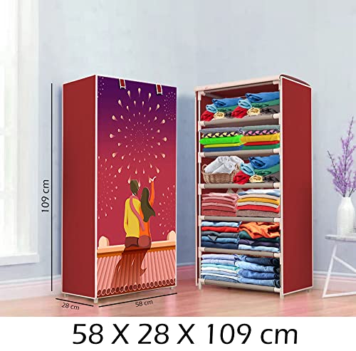 Image of COROID Digital Printed Multipurpose 6 Shelve Wardrobe,Foldable,Collapsible Fabric Wardrobe Organizer for Clothes Drawers Portable Wardrobe Clothing Space Saving Wardrobe (6-Layer, Red)