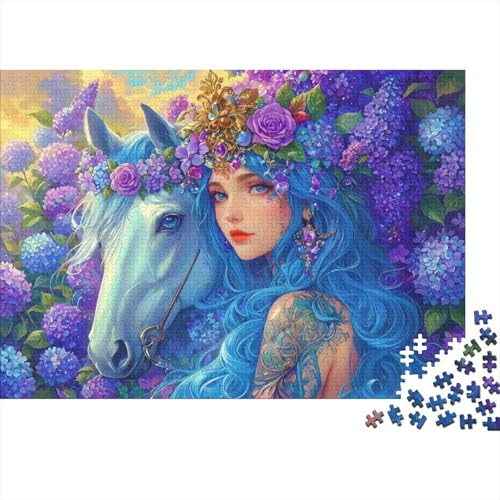 Puzzle Caballo Azul Fantástico 1000 Piezas Sostenible Detallado Señorita y Caballo Regalos de Cumpleaños Relajantes para Adultos y Niños Mayores de 14 Años 52x38cm/1000pcs