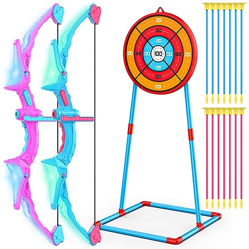 Polkoliye 2 Pack of Kids Bow & Arrow Set, Light Up Archery Toy Set with 14 Suction Cup Arrows Standing Target, Perfect Indoor Outdoor Toys Birthday Gifts Ideas for Boys Girls, Medium by Polkoliye - Used condition - US$26.00