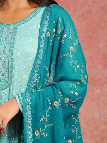 Image of Libas Embroidered Georgette Straight Kurta With Trouser and Dupatta