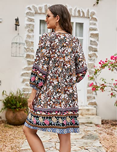 Image of Bluetime Women Casual Summer Dress Boho V Neck 3 /4 Sleeve Babydoll Floral Print Flowy Beach Dress