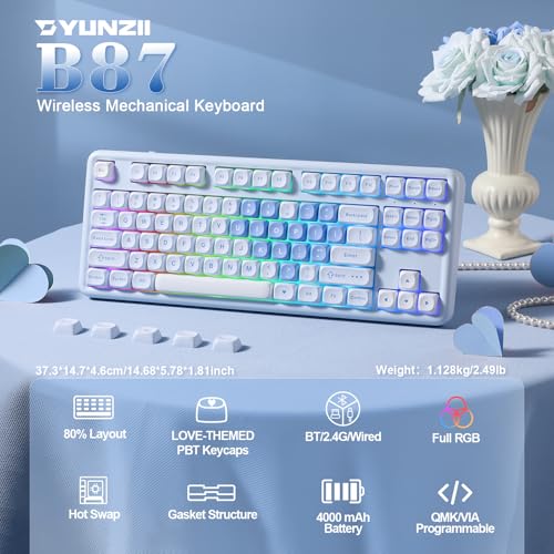 Image of YUNZII B87 Wireless Mechanical Keyboard,QMK /VIA Programmable,TKL Layout 87 Keys,BT /2.4G /USB-C,Hot Swap Gasket Mount RGB Backlit Gaming with Wrist Rest for Win /Mac (Blue Heart, Milk V2)