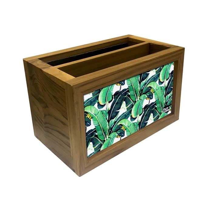 Nutcase Designer Teak Wood TV Remote Stand For Home Remote Holders Organizer Caddy for TV/AC Remotes Control -Multipurpose Desk Organiser-6�x4�x4� - Banana Leaves 2