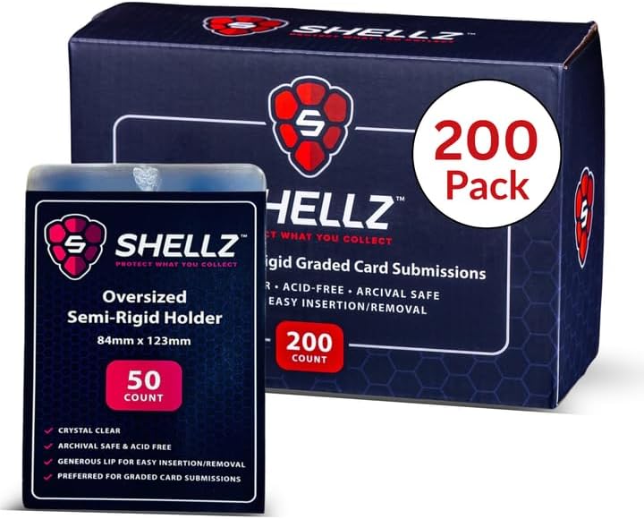 Shellz Oversized Semi Rigid Card Holders 200ct (4 Packs of 50) | 3 5/16" x 4 7/8" - Ideal for PSA, BGS & Grading | Clear PVC Card Holders | 1/2" Lip for Easy Insertion & Removal