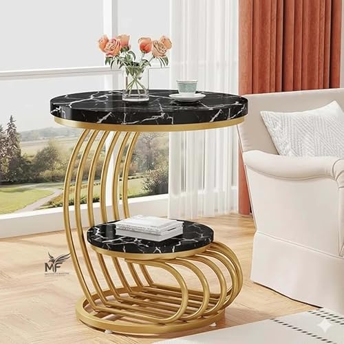 Image of MELVON End Table /Side Table with Black Marble Look Engineered Wood Top & Golden Metal Frame, 2 Tier Storage for Living Room, Bedroom & Office | Golden & Black