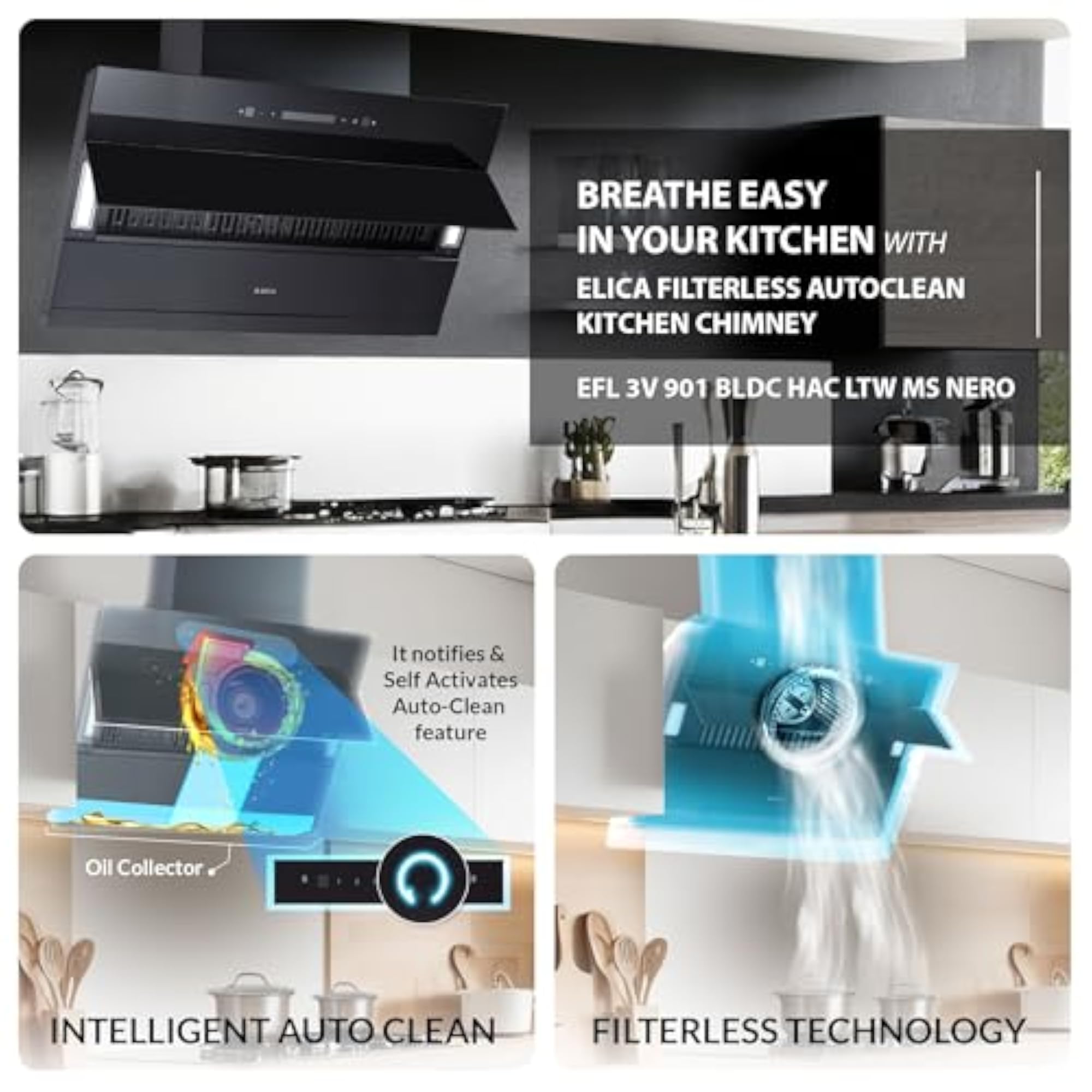 BLDC Filterless Autoclean Kitchen Chimney, 1800 m3/hr
