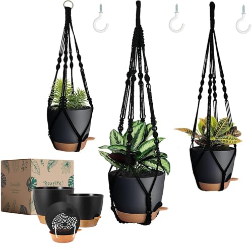 Bouqlife 3 Pack Self Watering Hanging Planters Macrame Plant Hangers with Indoor Flower Pots, 3 Different Size Hanging Basket, Plant Hanger with Hooks for Garden Home Decor Black