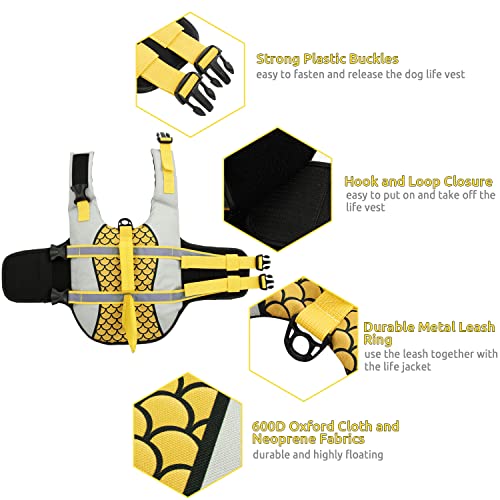 Queenmore Shark Dog Life Jacket, Adjustable Ripstop Reflective Dog Life Vest, Enhanced Buoyancy, Pet Lifesaver With Rescue Handle (Yellow, Large) #TOP3