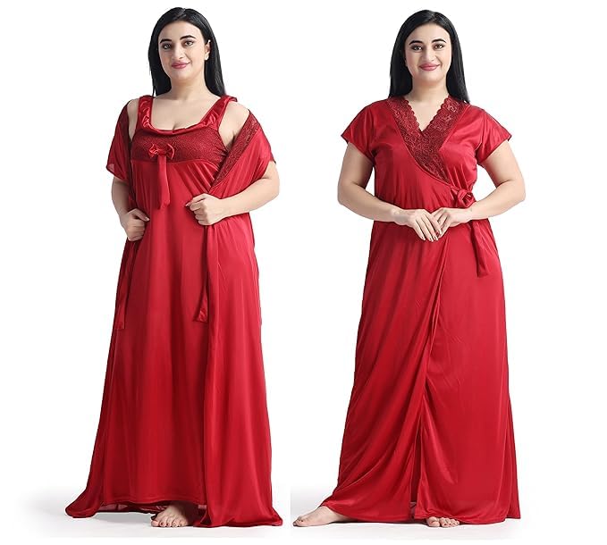 Women Nighty with Robe,Satin Nightwear Set, V-Neck Lace Trim, Floor Length, 2 Pieces-image-33
