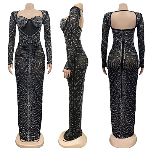 Image of PORRCEY Women's Sexy Hot Drilling Craft Rhinestone Long Sleeve Bodycon Party Club Night Out Dress(6023,Black,M)