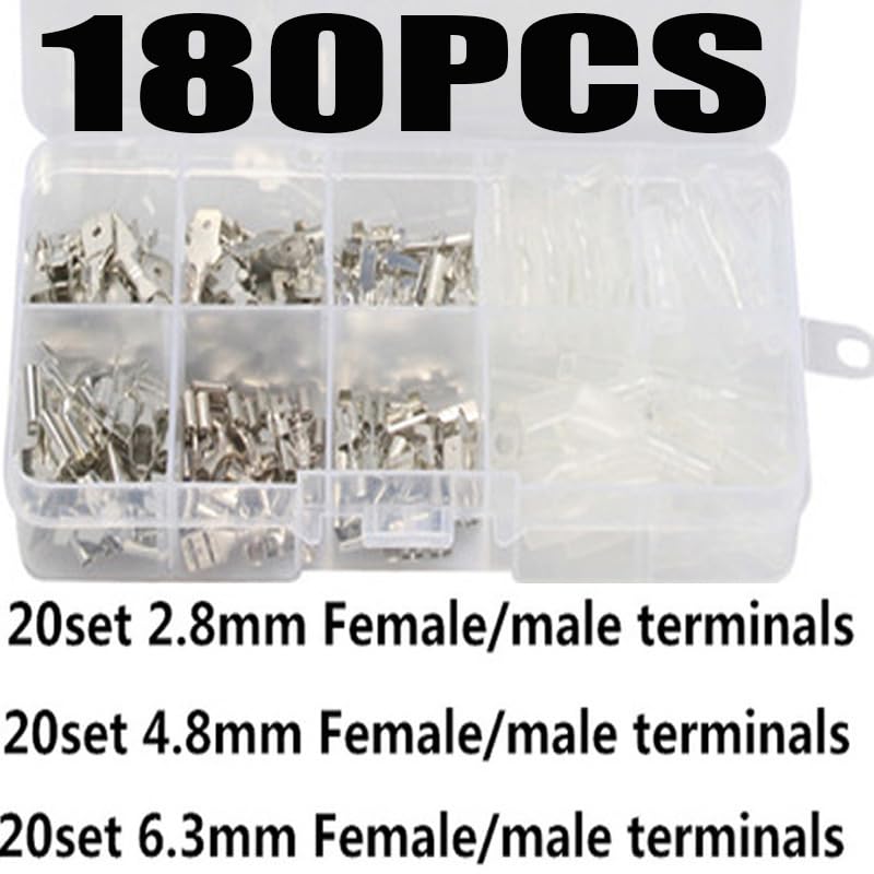 Kit assortimento di 180 connettori maschio e femmina isolati da 2,8/4,8/6,3 mm per cavi elettrici, terminali a crimpare, connettori a pala.
