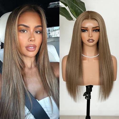Image of Human Hair Wigs Straight Brown Blonde Highlight Wigs 200% Density 20 Inch | 13x4 Lace Front Wigs Human Hair Ash Blonde Balayage Wigs Human Hair for Women Brunette Hair with Blonde Highlights Wigs