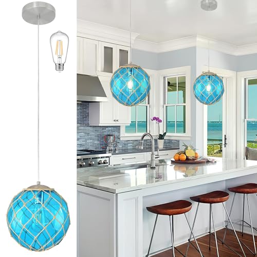 Suspension côtière bleue îlot de cuisine globe de verre et luminaire réglable dimmable