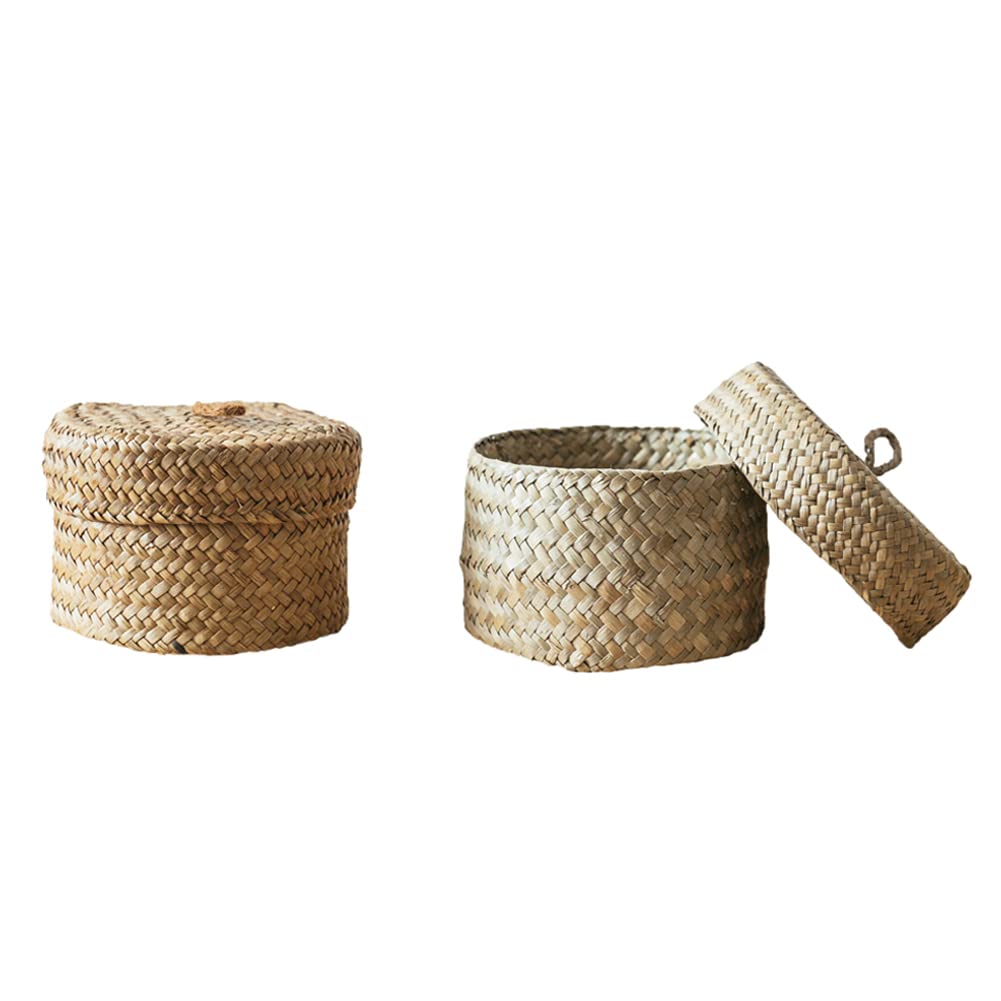 Veeteah2Pack Small Round Seagrass Storage Baskets With Lids - Cylinder Woven Shelf Baskets - Organizer Case For Pantry Shelves Cabinets